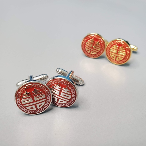 Chinese groom double happiness round cufflinks cufflink Groomsmen wedding gift - Picture 5 of 8